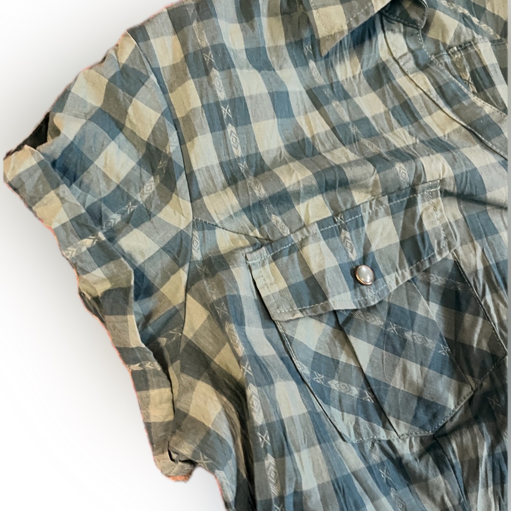 a.n.a Teal & Blue Green Checkered Snap Button-Down Country Western Shirt - Picture 3 of 12